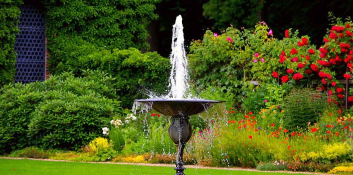 Fleurs autour d'une fontaine